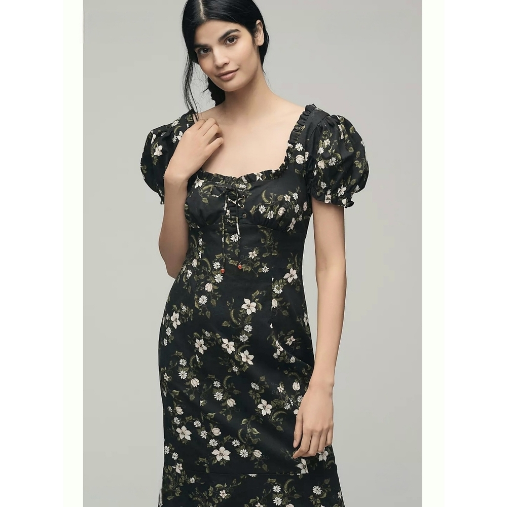 NWT Anthropologie Dress Floral Midi Linen Size Medium - Picture 2 of 14